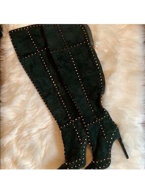 Jennifer Le Over-the-Knee Studded Suede Boots in Dark Green